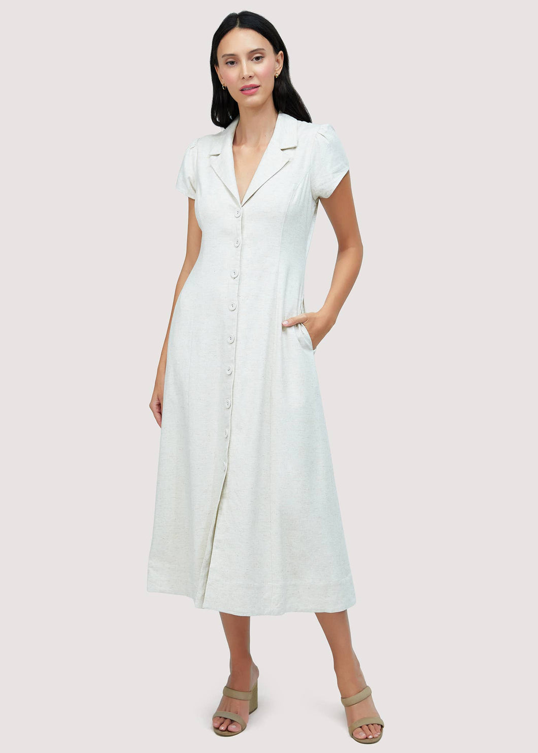 Linen blend button down dress in oatmeal color