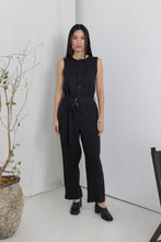 Load image into Gallery viewer, black sleeveless jumpsuit, Linen fabric jumpsuit, Crewneck, Front button closure, Metal waist belt, Straight leg cut, Hits at ankle