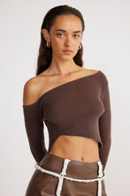 Load image into Gallery viewer, medium weight brown ribbed knit top. Cropped length, asymmetric hem and neckline, long sleeves