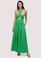 Load image into Gallery viewer, vibrant green jumpsuit with halter neck line, front cut out 