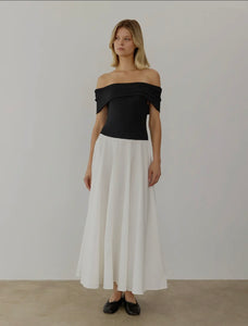 Stretch knit top and cotton skirt 
Off the shoulder neckline 
Fit and flare silhouette