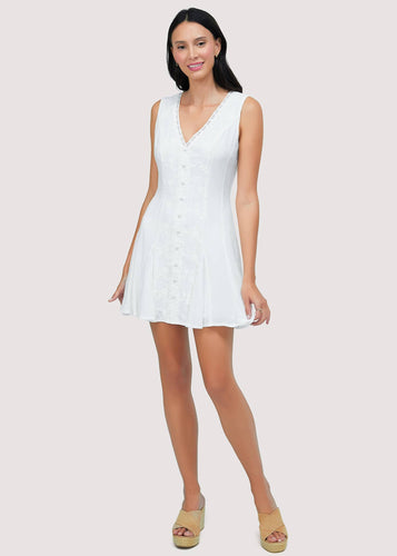 white embroidery v neck neck mini dress