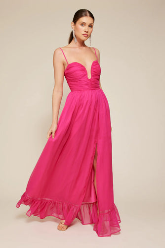 summer dresses, guest of wedding, flowy maxi, pink dress, vacation dress, pink dress with ruffle detail at hem