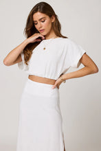 Load image into Gallery viewer, white crop top, linen crop top, Bubble, elastic, length adjustable hem, Scoop neckline, Drop short sleeve with cuffs, High quality linen blend fabric