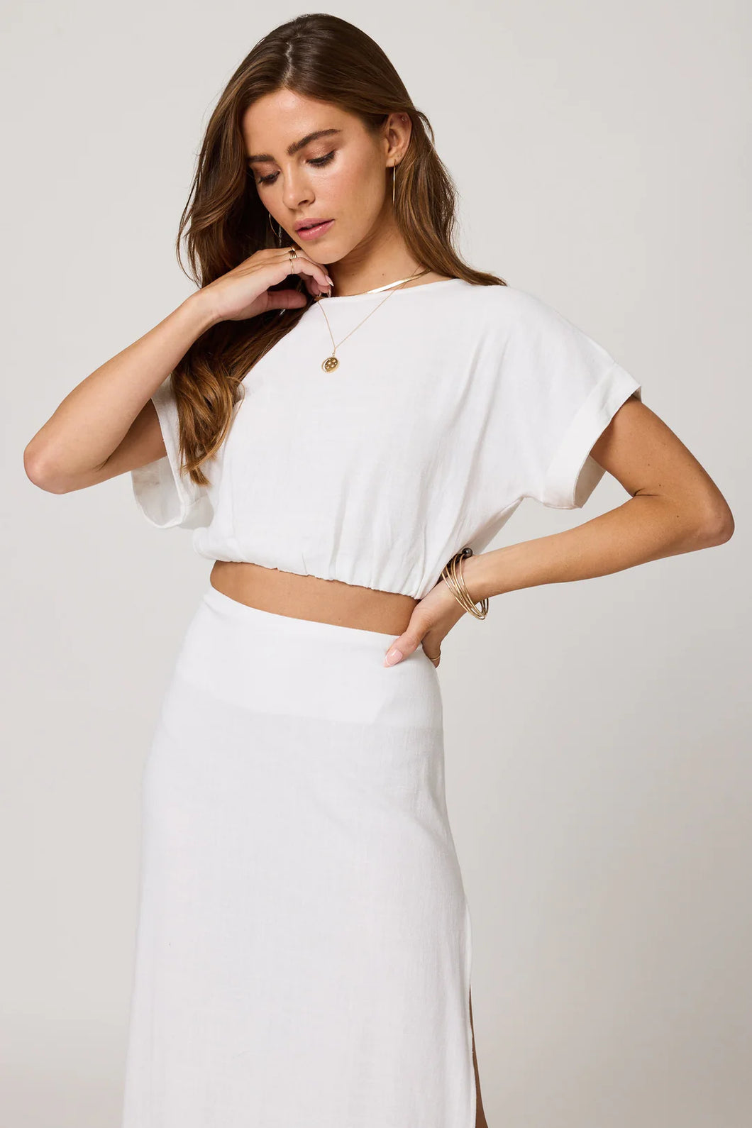 white crop top, linen crop top, Bubble, elastic, length adjustable hem, Scoop neckline, Drop short sleeve with cuffs, High quality linen blend fabric