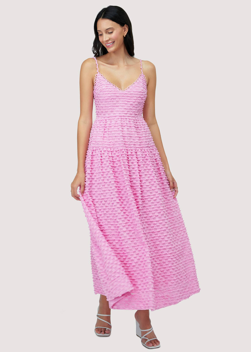 pink airy scoop neck spaghetti strap maxi dress